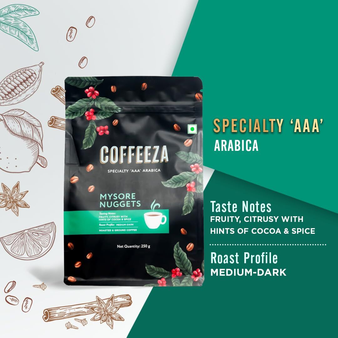 COFFEEZA Mysore Nuggets Ground Coffee | Fine Grind (Espresso & Moka Pots) | Premium Grade, Dark Roasted Ground Coffee - 250Gm, Packet
