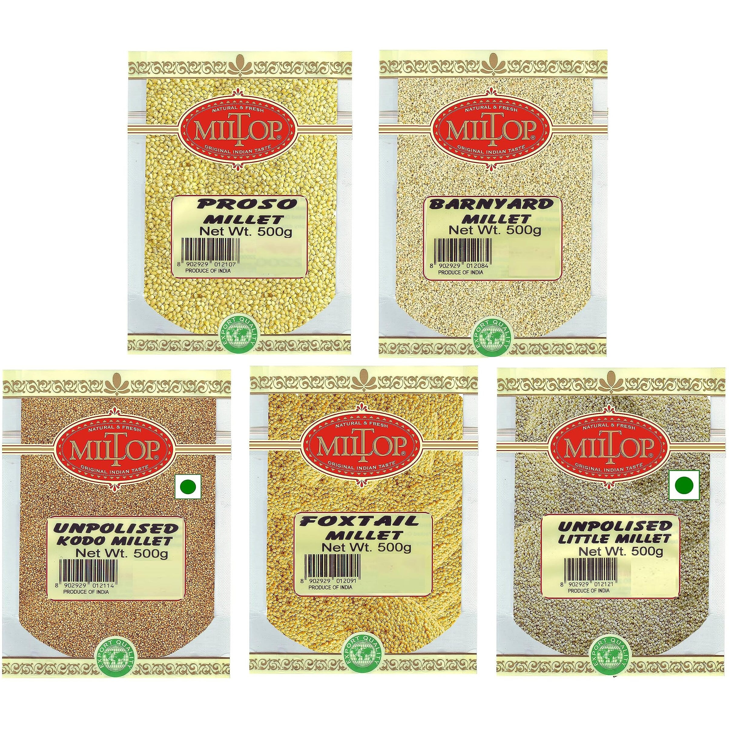 Miltop Unpolished Millets Natural Grains Combo Pack of 5 (Foxtail 500 g, Kodo 500 g, Proso 500 g, Little 500 g, Barnyard 500 g)