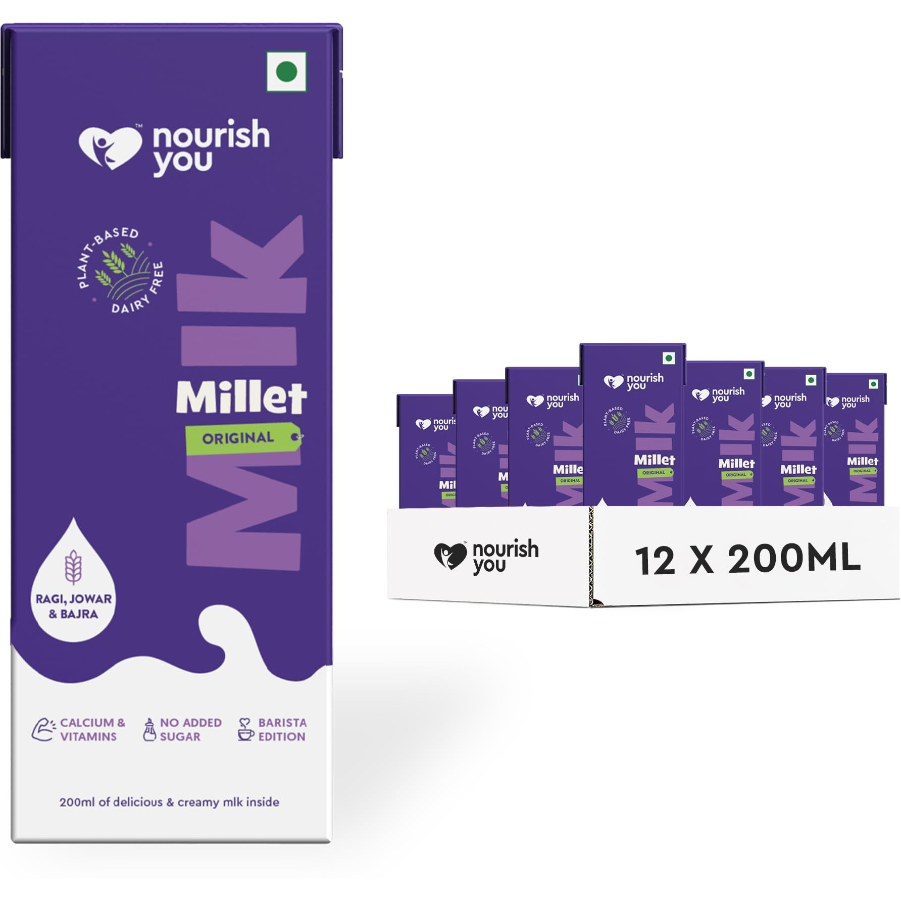Nourish You Plant Based Millet Mlk with goodness of Ragi, Jowar, Bajra & Oats | Dairy Free | Anti-biotics free | Preservatives free | Healthy Vegan Creamy Mlk Unsweetened | No-added sugar | 2.4 L ( 200 ml each  12 )