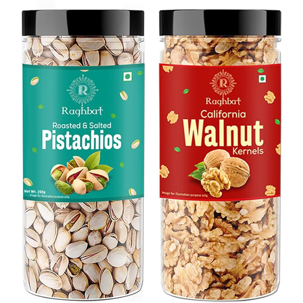 Raghbat Dry Fruits 500g Combo Pack - Roasted Pista 250g, Akhrot Giri 250g Jar Each - Pistachios, Walnuts