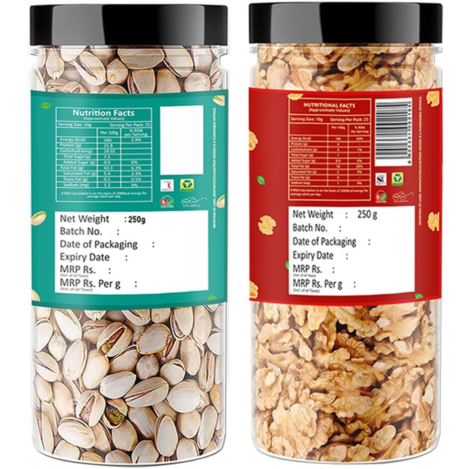 Raghbat Dry Fruits 500g Combo Pack - Roasted Pista 250g, Akhrot Giri 250g Jar Each - Pistachios, Walnuts