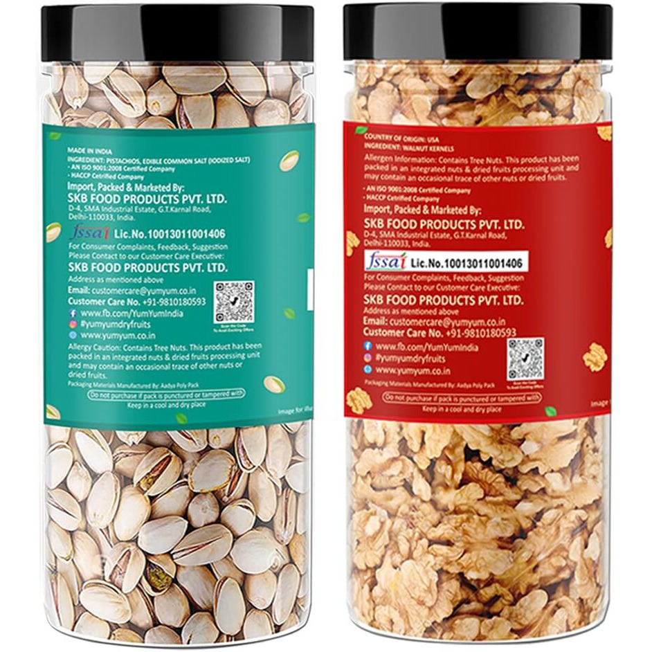 Raghbat Dry Fruits 500g Combo Pack - Roasted Pista 250g, Akhrot Giri 250g Jar Each - Pistachios, Walnuts