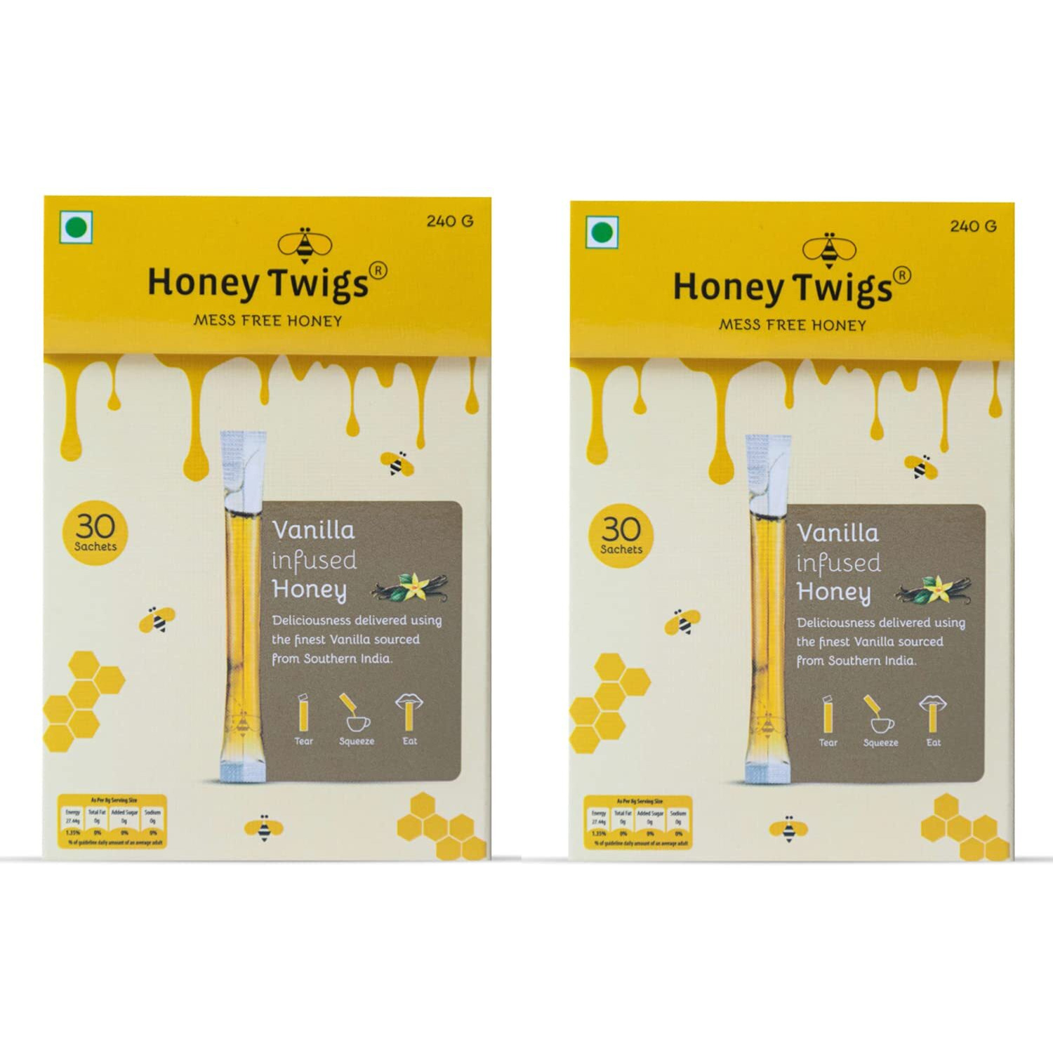 Honey Twigs Vanilla Honey | 100% Pure & Natural Honey, 480gms (60 Sachets - 240g x 2 Packs) | Perfect for Soothing and Calming the Body
