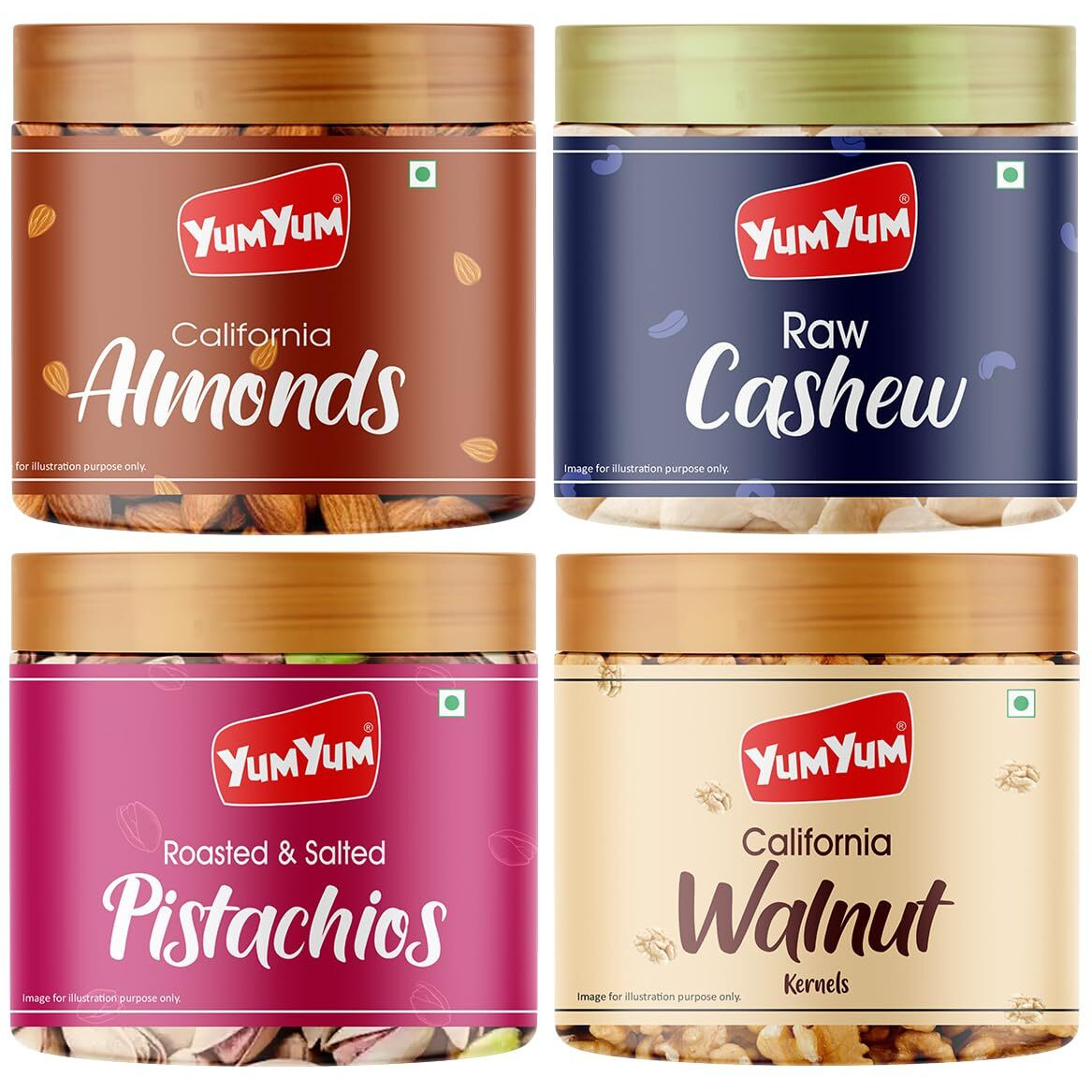 YUM YUM Premium Dry Fruits Combo Pack of 4 | California Almonds, Whole Cashews, Roasted Pistachios, Walnut Kernel | Total 775 g | Healthy Dry Fruits Snacks | Kaju, Walnut Kernels, Pista & Badam Combo