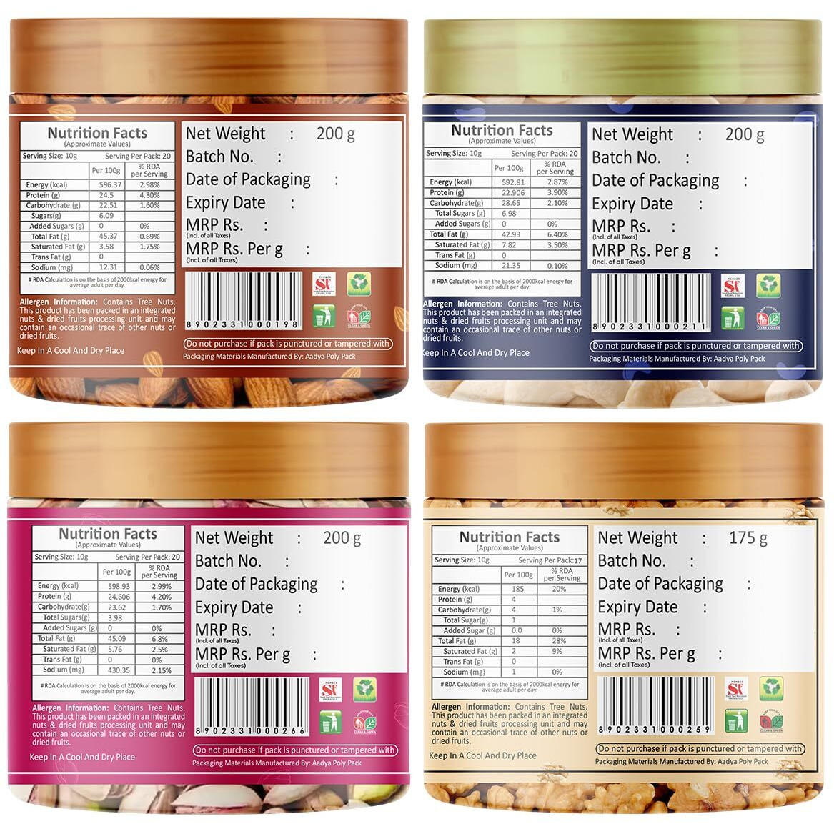 YUM YUM Premium Dry Fruits Combo Pack of 4 | California Almonds, Whole Cashews, Roasted Pistachios, Walnut Kernel | Total 775 g | Healthy Dry Fruits Snacks | Kaju, Walnut Kernels, Pista & Badam Combo