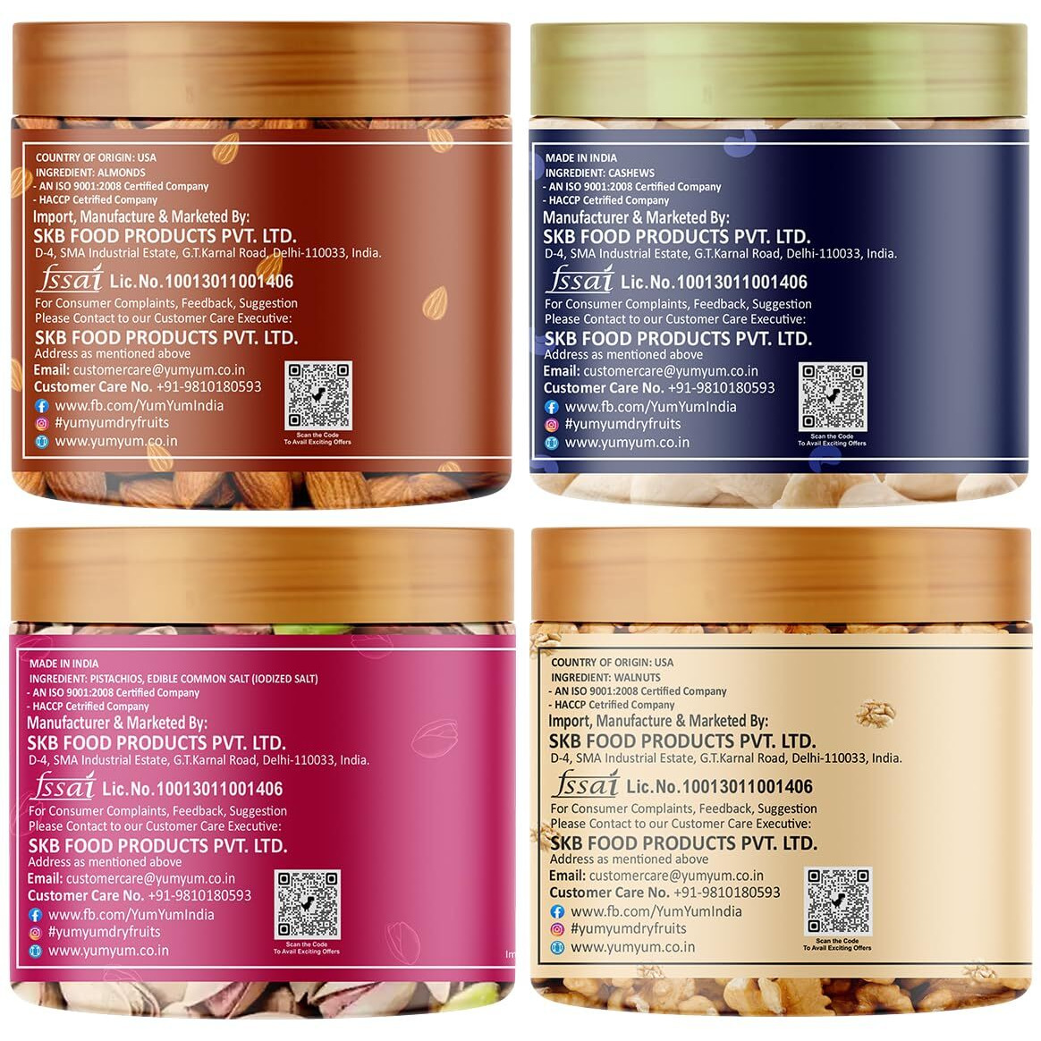 YUM YUM Premium Dry Fruits Combo Pack of 4 | California Almonds, Whole Cashews, Roasted Pistachios, Walnut Kernel | Total 775 g | Healthy Dry Fruits Snacks | Kaju, Walnut Kernels, Pista & Badam Combo