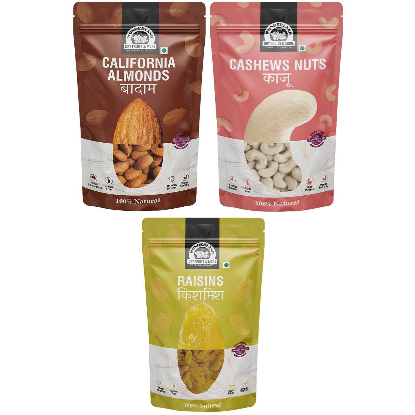 WONDERLAND FOODS Dryfruits Combo Pack of 3 (600g) Raw Almonds-Cashews-Raisins-200g-Each)