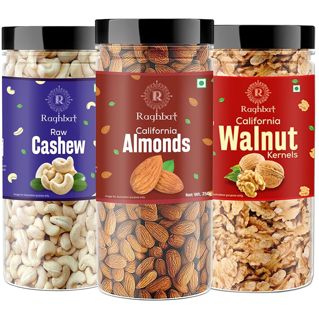 Raghbat Dry fruits combo pack of Almonds, Cashew & Walnut | akhrot, kaju & badam 750gm - Almonds, Cashews, Walnuts