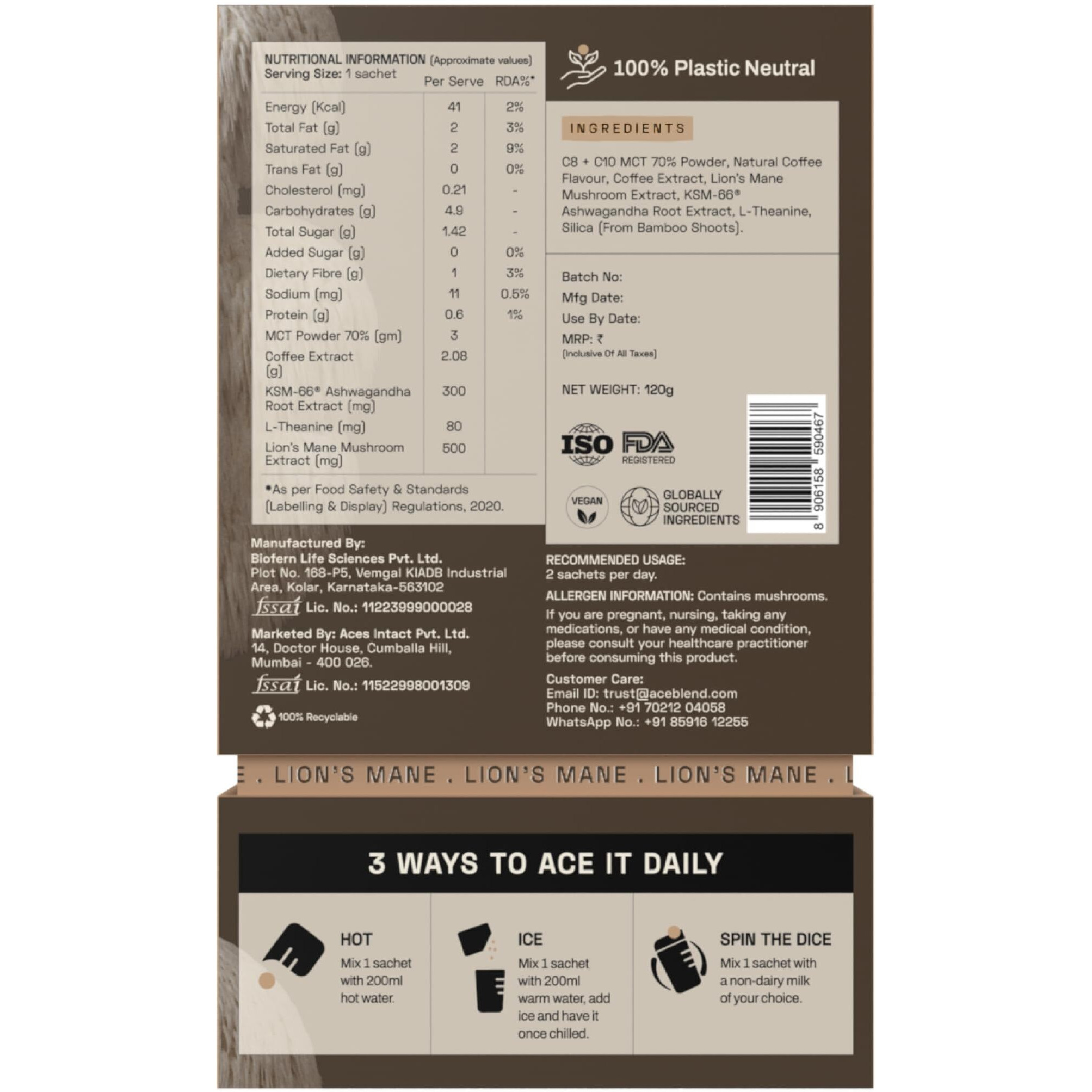 Ace Blend Lions Mane SHROOM COFFEE | 30 serves | Mushroom Coffee | KSM 66 Ashwagandha | L-Theanine | MCT | Focus | Memory | 100% Arabica | Instant Black Coffee | Keto | Cold/Hot Brew