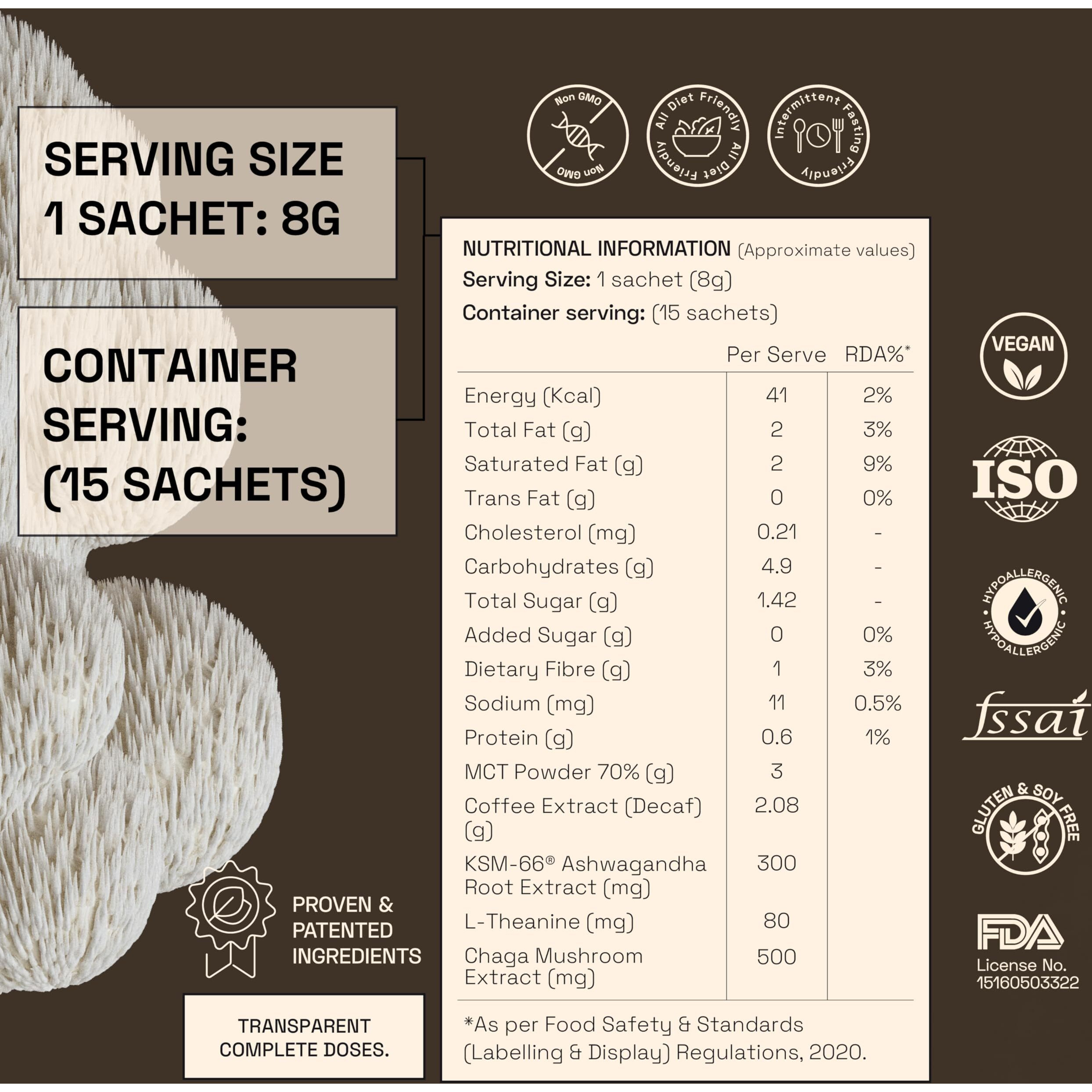 Ace Blend Lions Mane SHROOM COFFEE | 30 serves | Mushroom Coffee | KSM 66 Ashwagandha | L-Theanine | MCT | Focus | Memory | 100% Arabica | Instant Black Coffee | Keto | Cold/Hot Brew