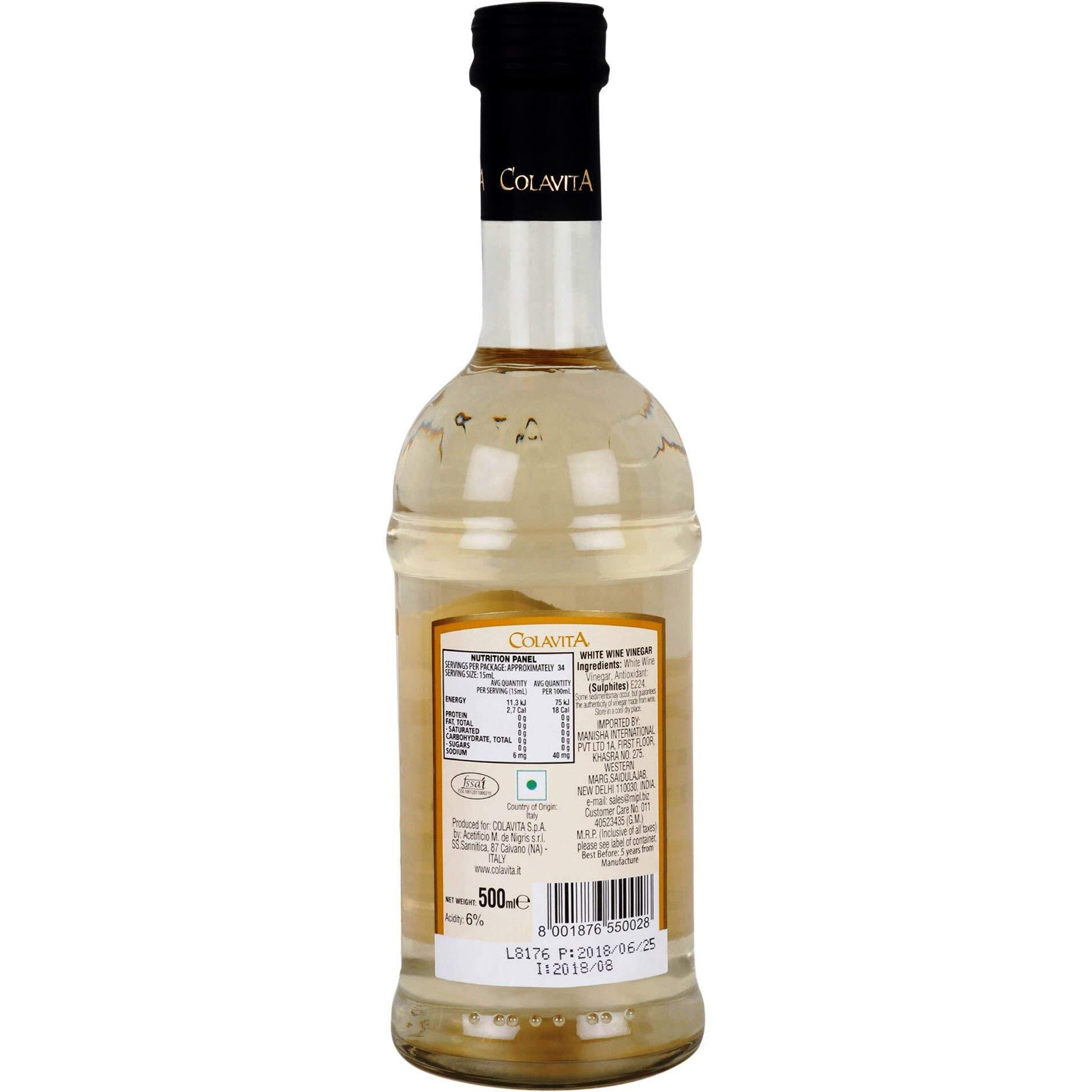 Colavita White Vinegar (500ml) | Imported from Italy | Premium white Vinegar for Cooking, Salad Dressings and Marinating Fresh or Grilled Vegetables | No Artificial Colours