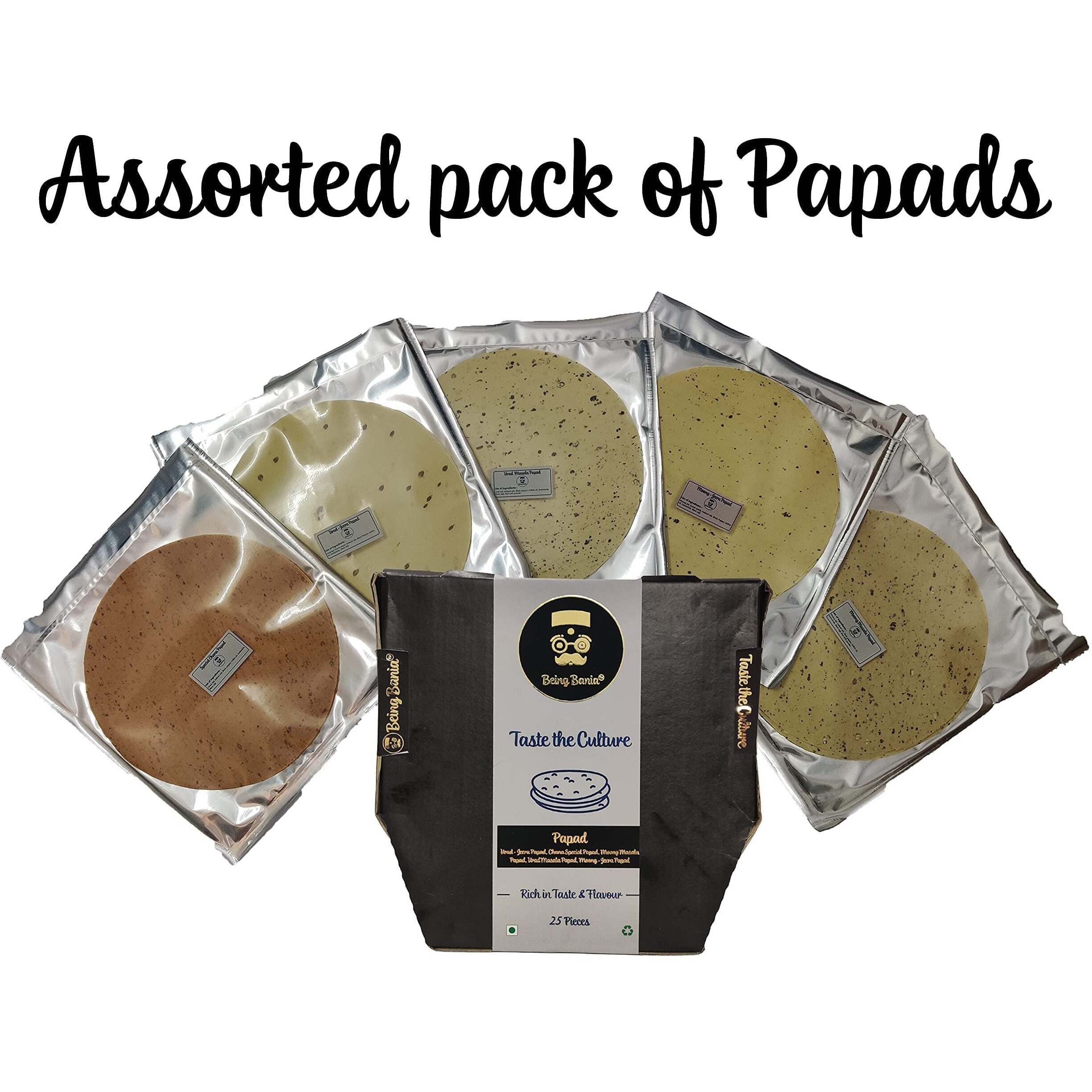 Being Bania Assorted Box Of Papad,450G | 5 Flavors In One Box | 25 Pieces | Masala Papad , Dal Papadam | Indian Papad Fresh