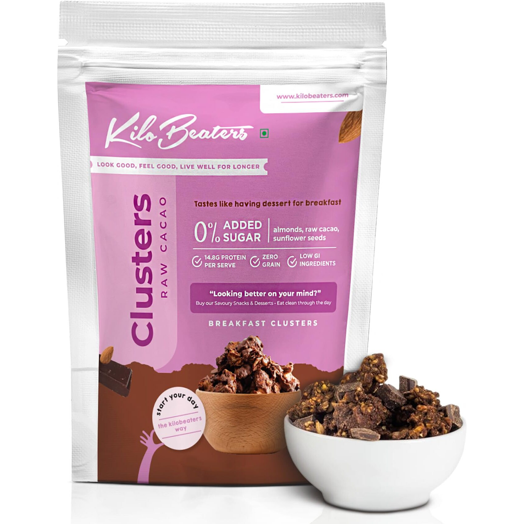 Kilobeaters Clusters Muesli, Low Carb Breakfast Cereals With High Protein, No Added Sugar, Diet Food, Raw Cacao (400 gm) Pack of 1