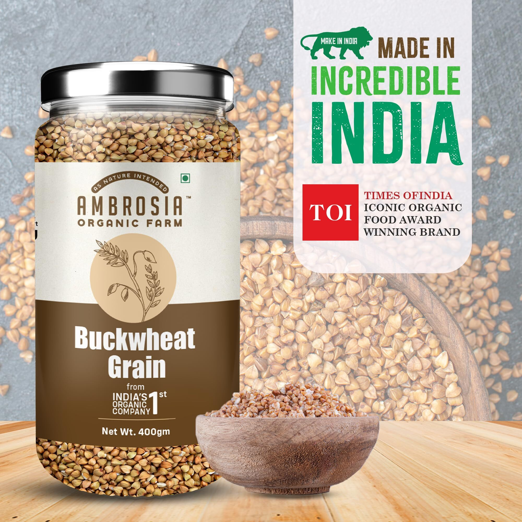 Ambrosia Organic Gluten free Buckwheat Grains - The Perfect Choice for Healthy and Wholesome Meals| Known A Kuttu/Sattu| Plant Based High Protein| Grain To Make A Flour/ Atta| Make Your Own Bread| Superfood For Anytime Meal(400 Gm) (Pack of 2)
