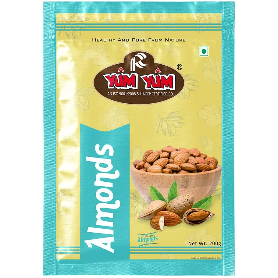 Yum YUM 100% Natural Premium California Almonds 200g Dried | Premium Badam Giri | High in Fiber & Boost Immunity | Real Nuts | Gluten Free & Zero Cholesterol