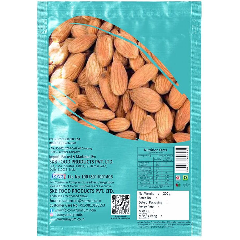 Yum YUM 100% Natural Premium California Almonds 200g Dried | Premium Badam Giri | High in Fiber & Boost Immunity | Real Nuts | Gluten Free & Zero Cholesterol