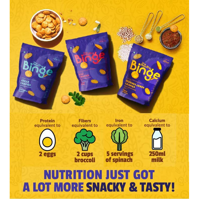 The Healthy Binge Ragi Crispies Baked Chips Snacks | Healthy snacks for kids and adults | Chatpata Chaat Flavour | Protein | Gluten Free -Free | 0% Cholesterol | Pack of 12 (40 Gm X 12)