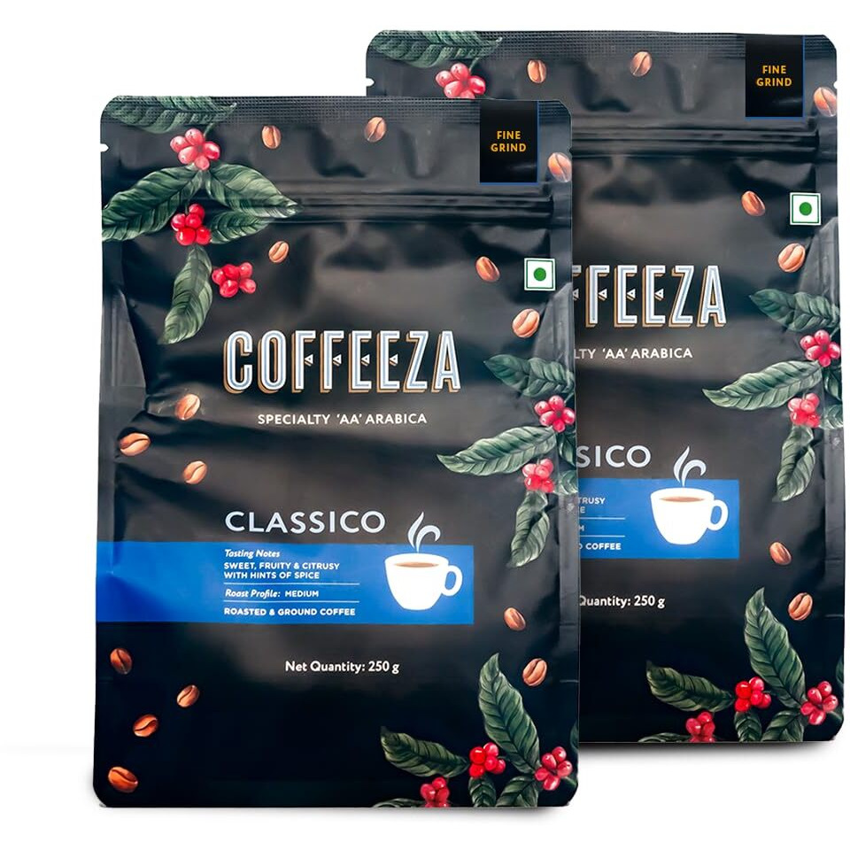 COFFEEZA Classico Ground Coffee Packet| Medium Grind (Pour-Over, Aeropress & Filter Coffee) | 100% Arabica Premium Grade, Medium Roasted Ground Coffee | Pack Of 2X 250Gm