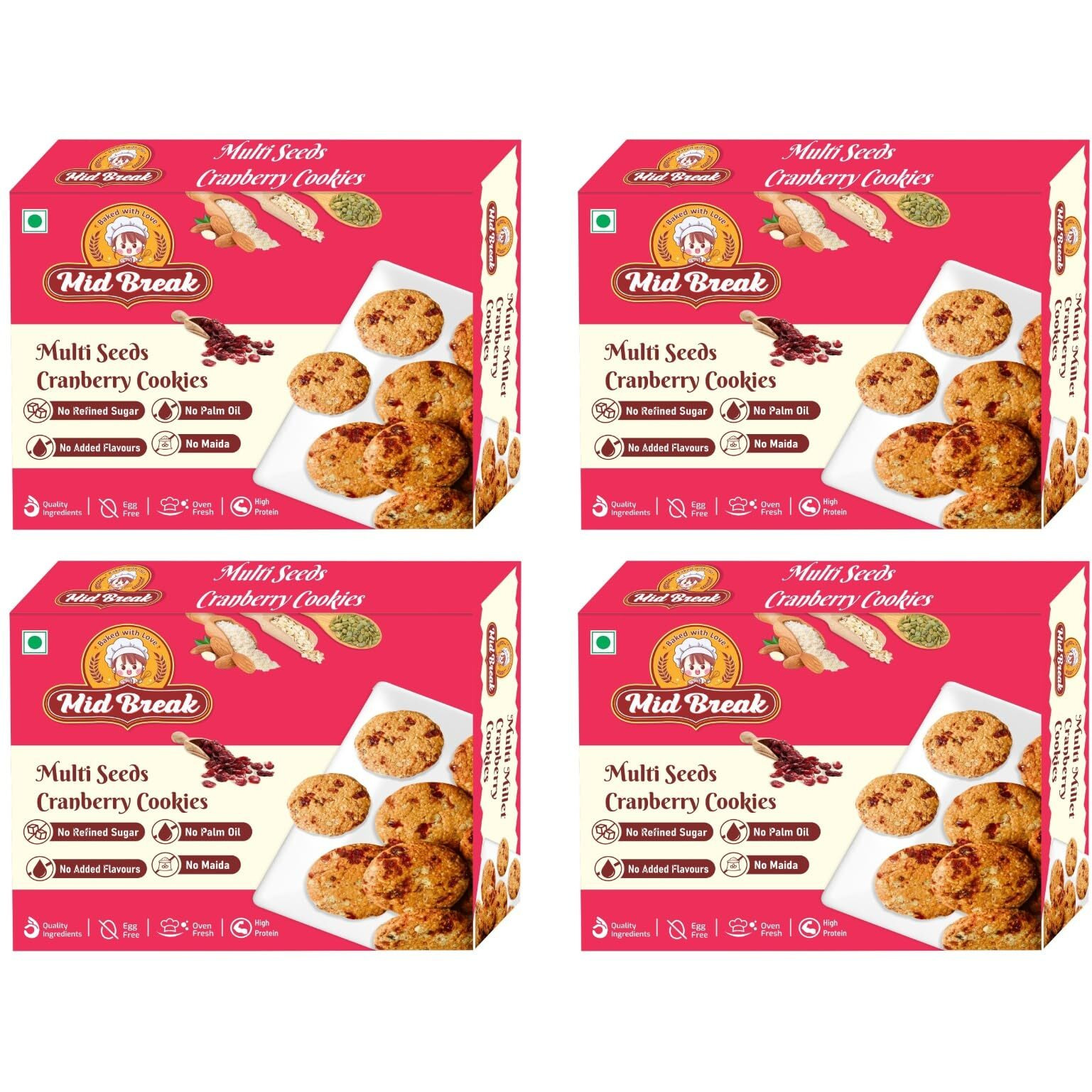 Midbreak Multi Seeds Cranberry Oats Cookies - Gluten-Free, No Refined Sugar, Made with Sorghum, Almond, and Oats Flour - Healthy, Nutritious, and Delicious | Pack of 4 | 800g