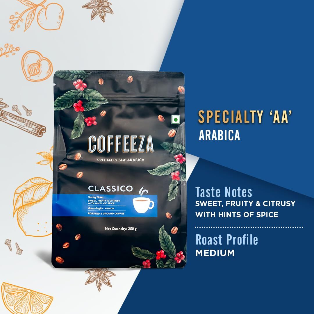 COFFEEZA Classico Ground Coffee | Coarse Grind (French Press) | 100% Arabica Premium Grade, Medium Roasted Ground Coffee Pack Of 2X 250Gm Packet