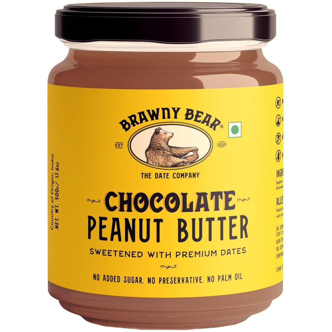 Brawny Bear Peanut Butter Chocolate Flavour, 100% Natural Sweetened with Dates, Healthy Nut Butter with No Added Sugar & Preservatives, Vegan, High in Protein Spread  500 gm