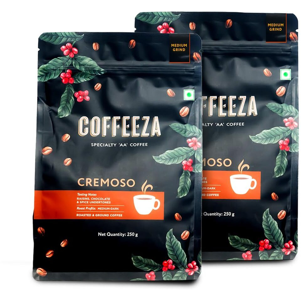 COFFEEZA Cremoso Ground Coffee | Medium Grind (Pour-Over, Aeropress & Filter Coffee) | Premium Grade, Medium_Dark Roasted Ground Coffee | Pack Of 2X 250Gm Packet
