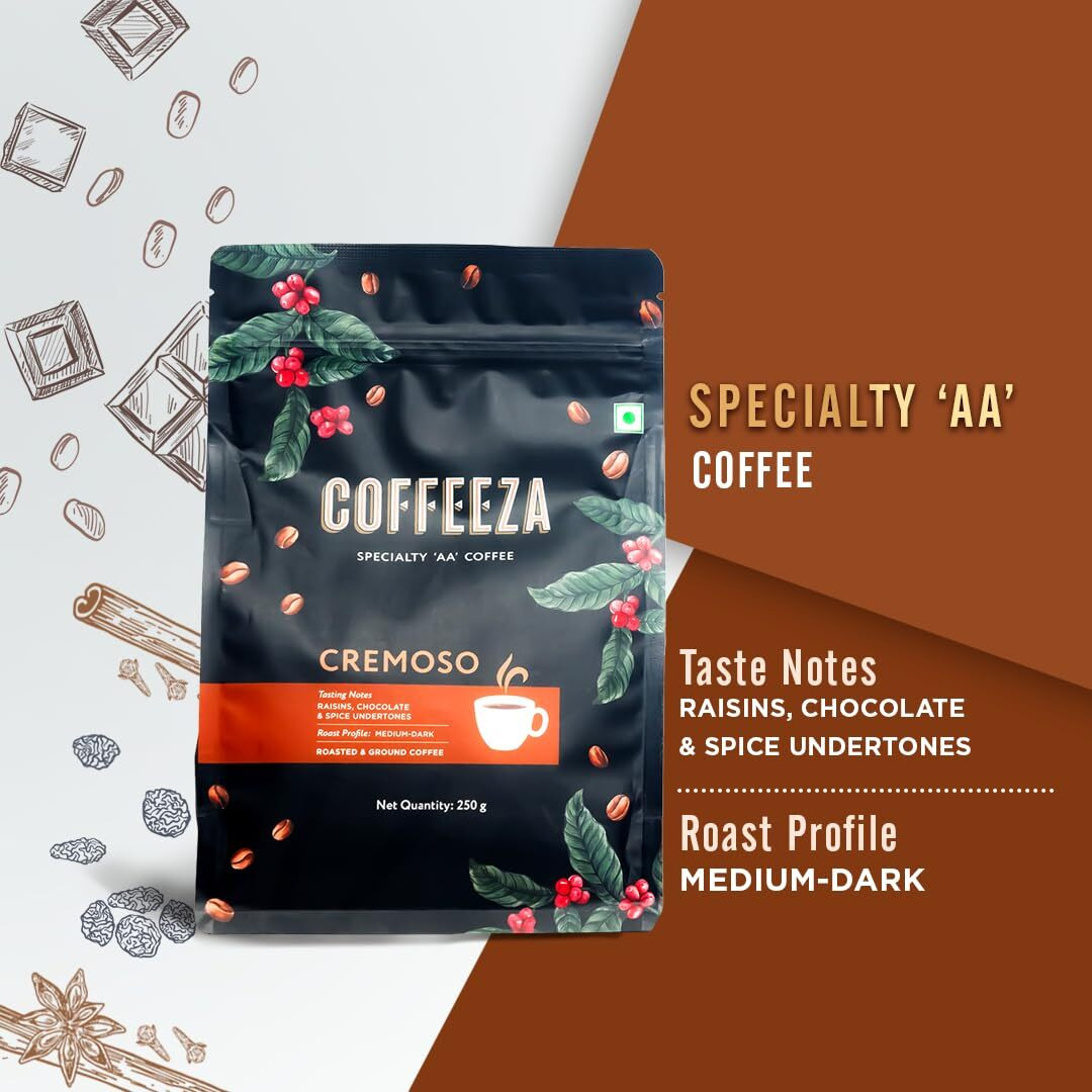 COFFEEZA Cremoso Ground Coffee | Medium Grind (Pour-Over, Aeropress & Filter Coffee) | Premium Grade, Medium_Dark Roasted Ground Coffee | Pack Of 2X 250Gm Packet