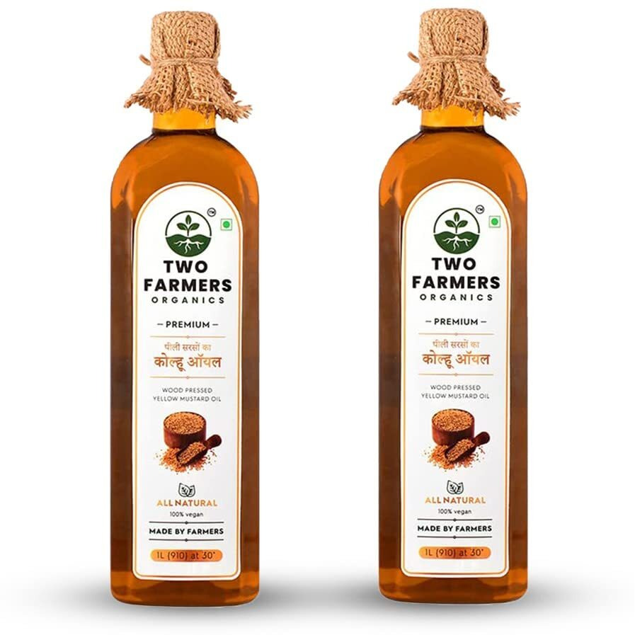 Two Farmers Organics Natural Kacchi Ghani Yellow Mustard Oil Cold-Pressed and Extra Virgin Peeli Sarso Oil Wood Pressed Yellow Mustard Oil for Cooking (2 Ltr Pack)