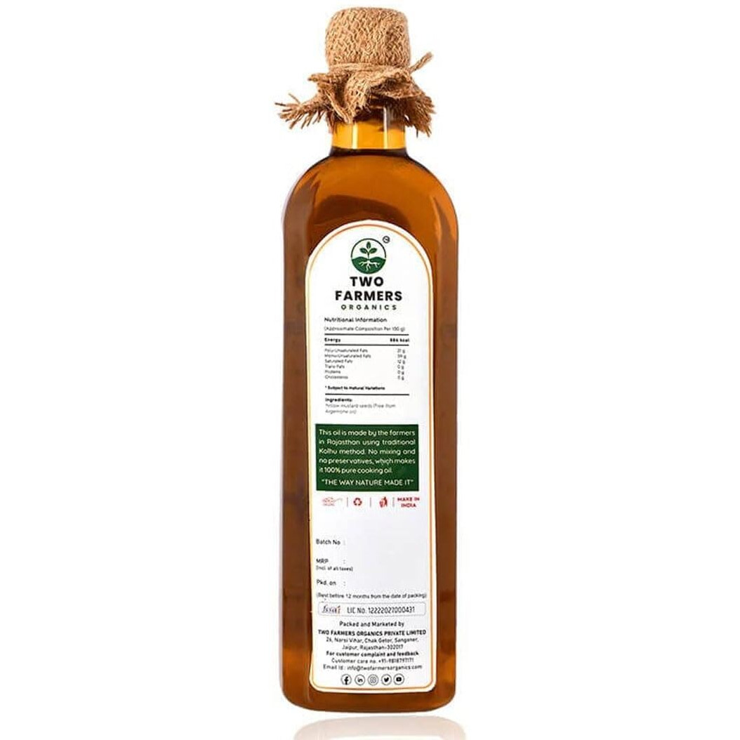 Two Farmers Organics Natural Kacchi Ghani Yellow Mustard Oil Cold-Pressed and Extra Virgin Peeli Sarso Oil Wood Pressed Yellow Mustard Oil for Cooking (2 Ltr Pack)