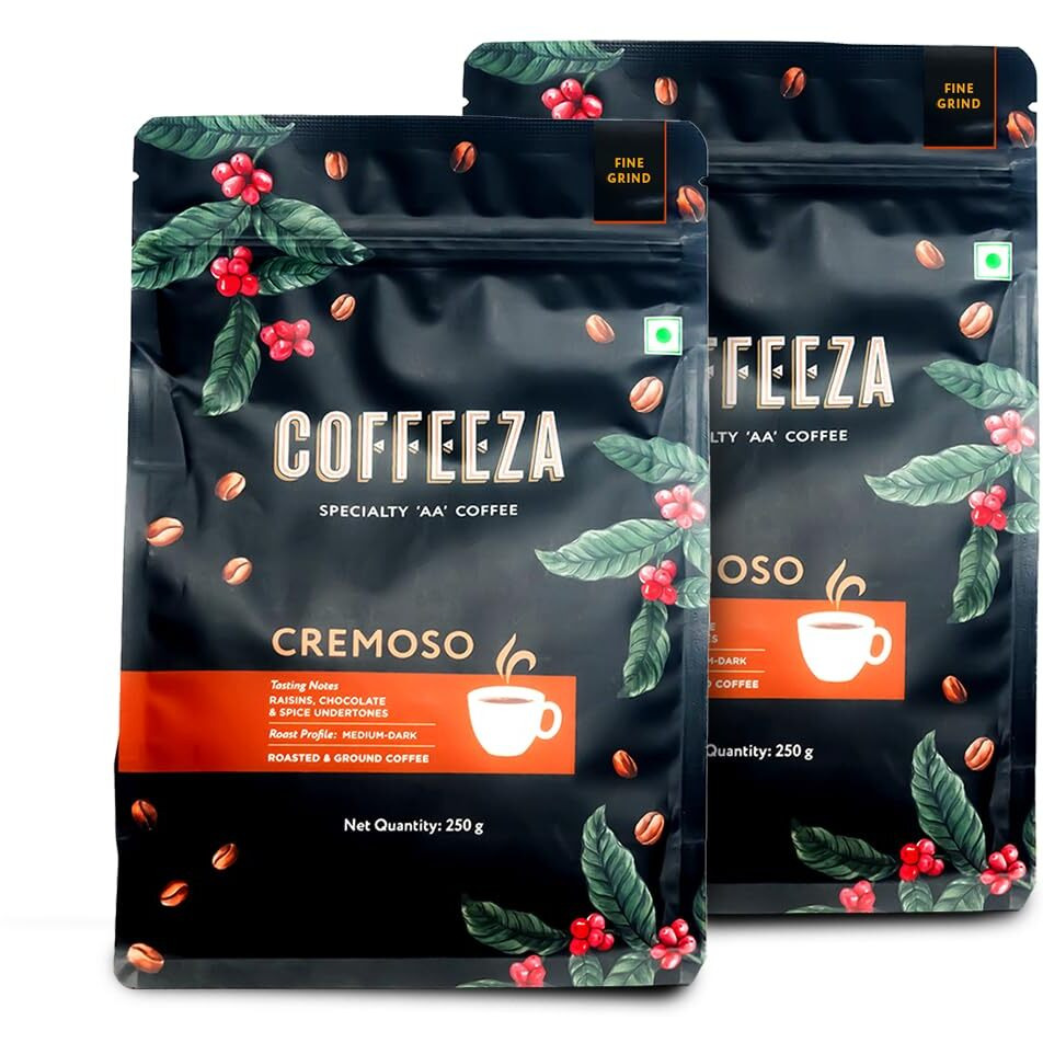 COFFEEZA Cremoso Ground Coffee Packet | Fine Grind (Espresso & Moka Pots) | Premium Grade, Medium-Dark Roasted Ground Coffee | Pack Of 2X 250 Gram