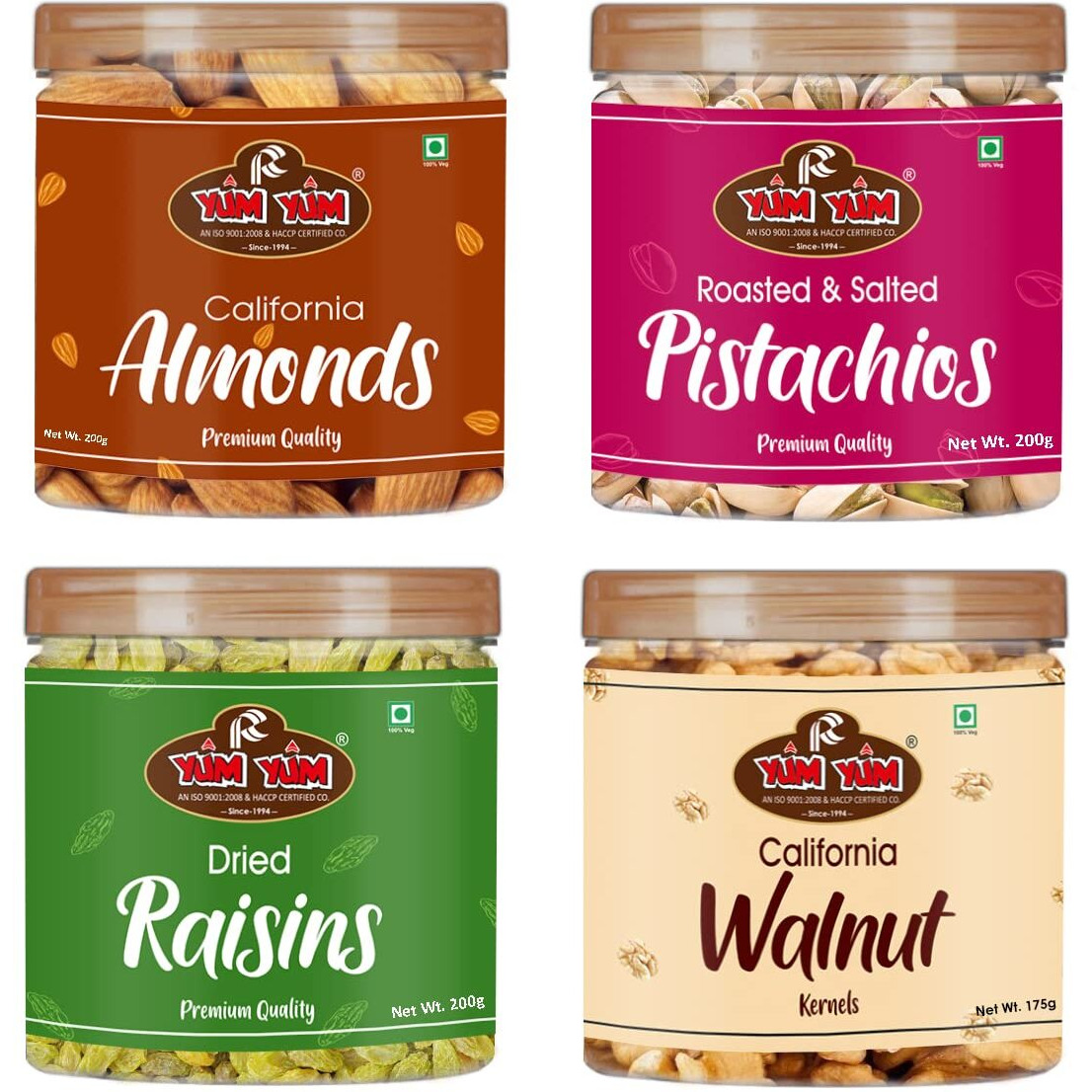 YUM YUM Premium Dry Fruits Combo Pack of 4 | California Almonds, Pista, Raisins, Walnut Kernels | Total 775 g | Healthy Dry Fruits Snacks | Pista, Walnut Kernels, Raisins Kismis & Badam Combo