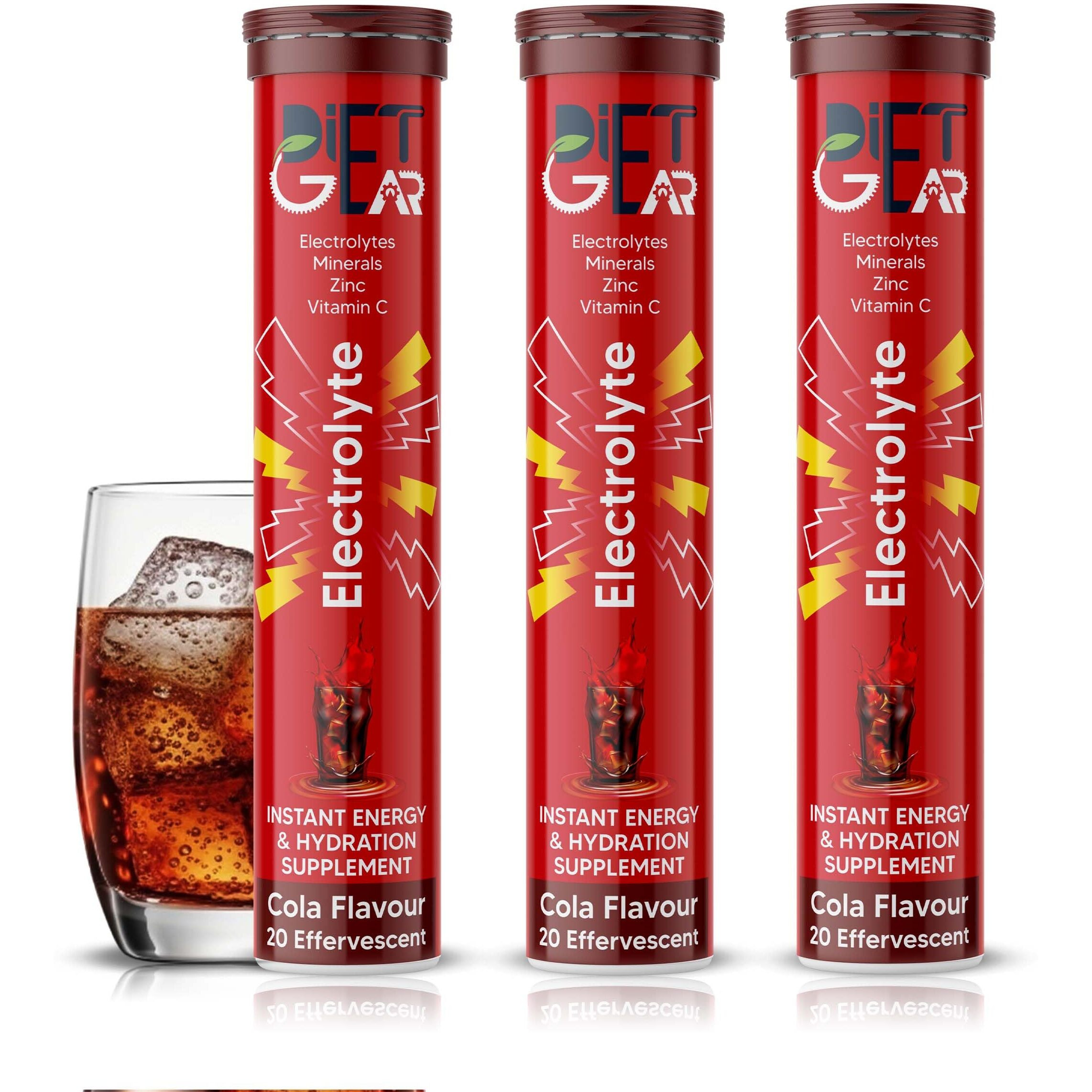 DIET GEAR Energy Drink Electrolytes 60 Effervescent Tablets (15 litre) Zero Sugar, Zero Caffeine| 7 Essential Electrolyte Salts (Na, K, Mg, Ca, Cl, Zn) + Vitamin C | Cola Flavor