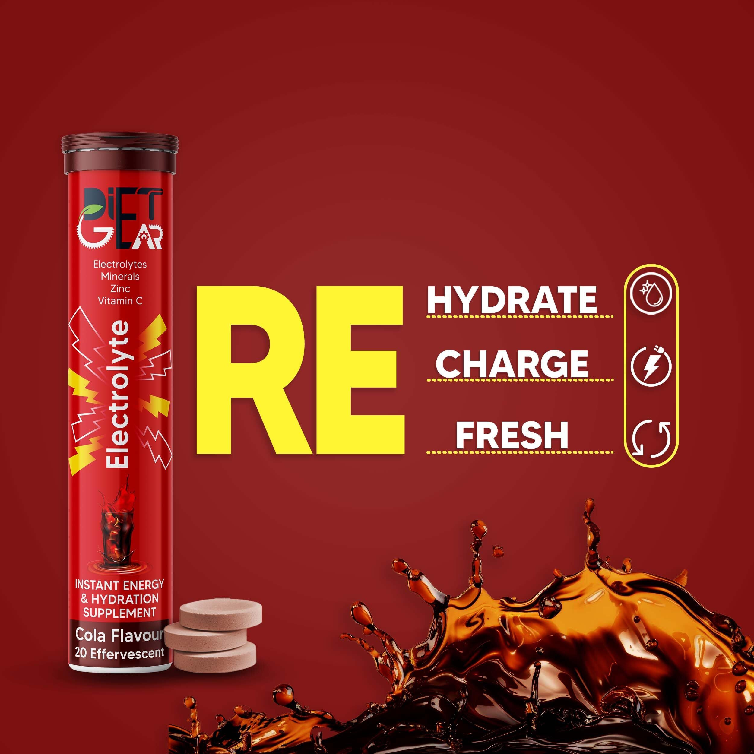 DIET GEAR Energy Drink Electrolytes 60 Effervescent Tablets (15 litre) Zero Sugar, Zero Caffeine| 7 Essential Electrolyte Salts (Na, K, Mg, Ca, Cl, Zn) + Vitamin C | Cola Flavor