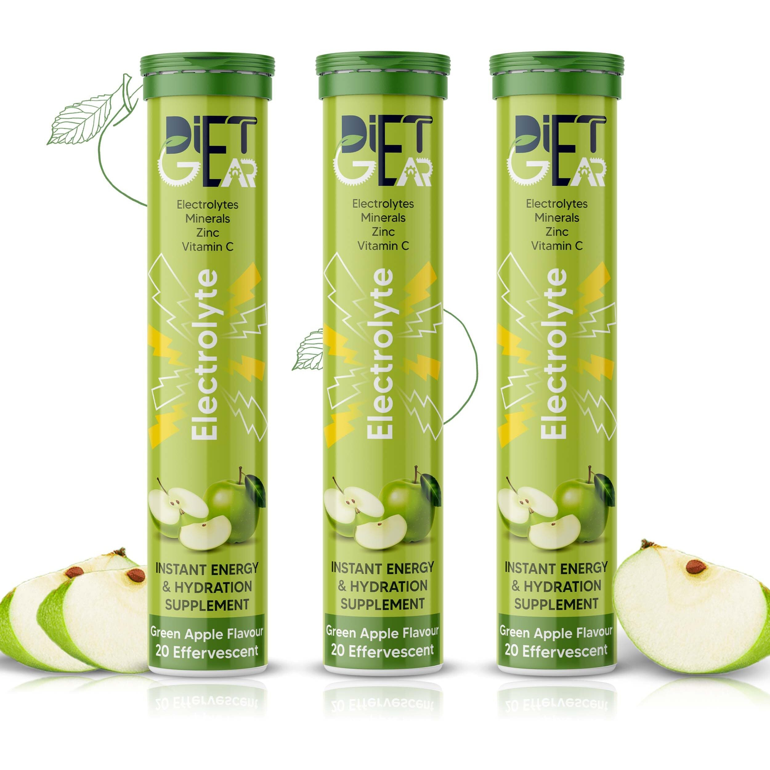 DIET GEAR Energy Drink Electrolytes 60 Effervescent Tablets (15 litre) Zero Sugar, Zero Caffeine| 7 Essential Electrolyte Salts (Na, K, Mg, Ca, Cl, Zn) + Vitamin C | Green Apple