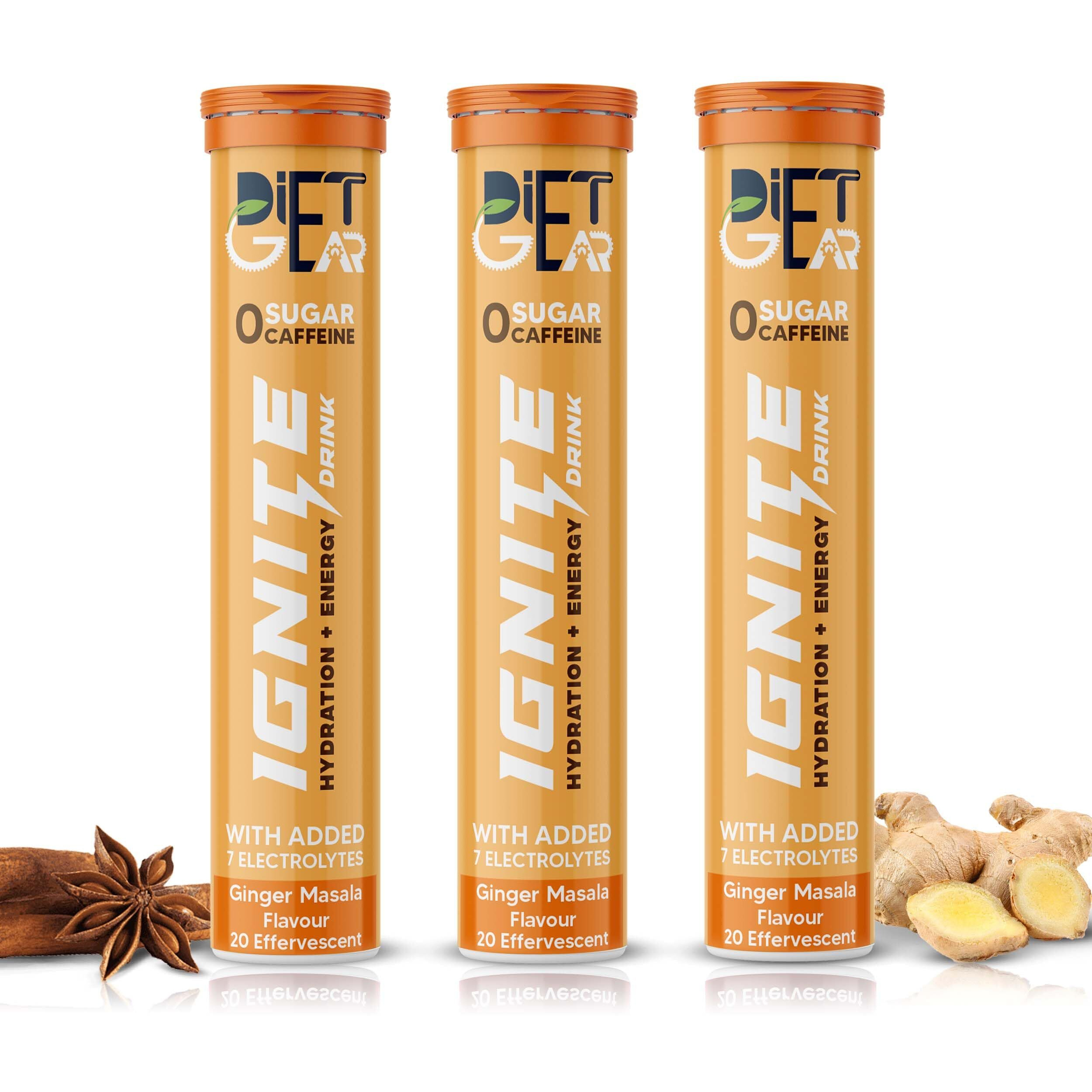 DIET GEAR Ignite Energy drink - 15 litre of Zero Sugar, Zero Caffeine hydration drink to Rehydrate | 60 Effervescent Tablets | Ginger masala flavour