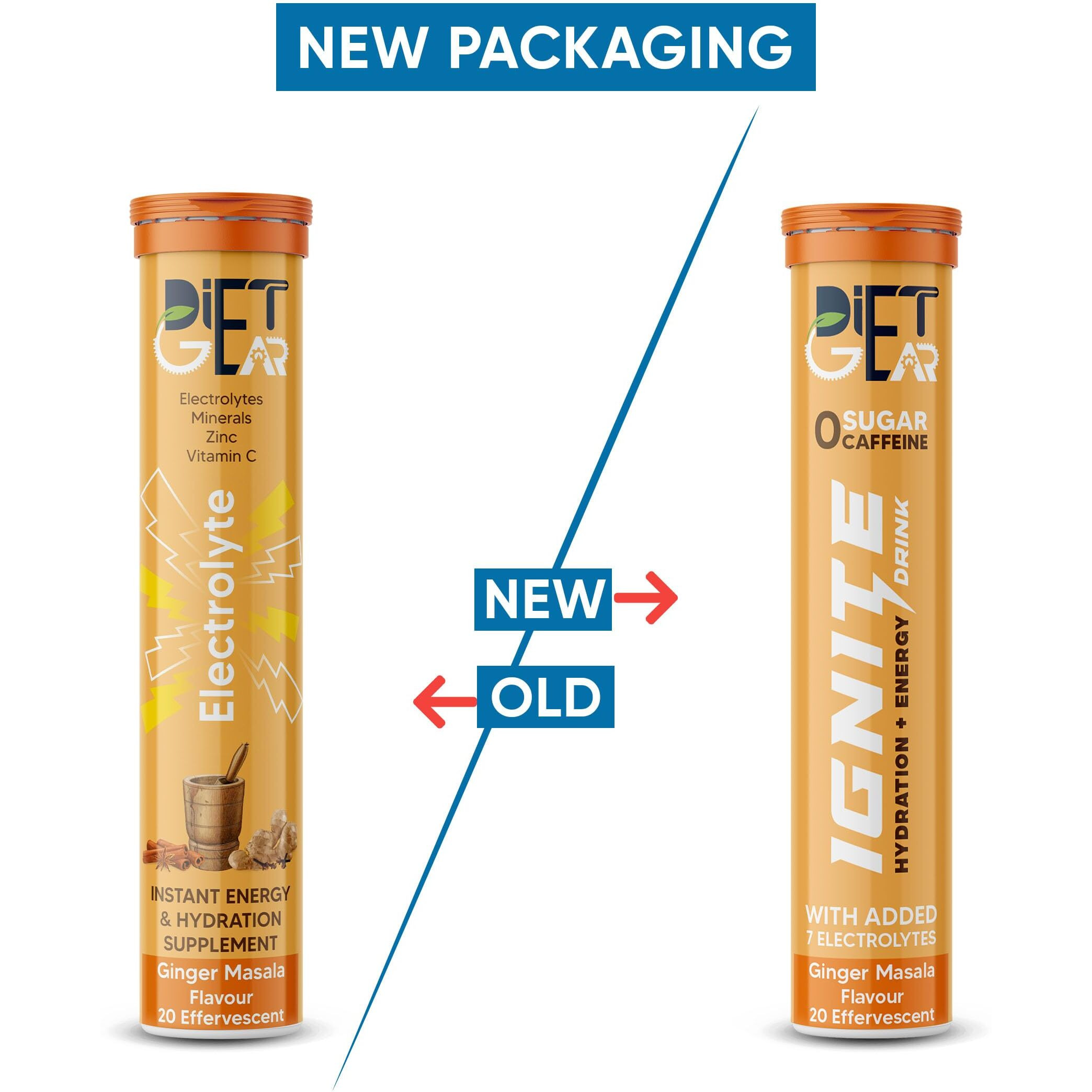 DIET GEAR Ignite Energy drink - 15 litre of Zero Sugar, Zero Caffeine hydration drink to Rehydrate | 60 Effervescent Tablets | Ginger masala flavour