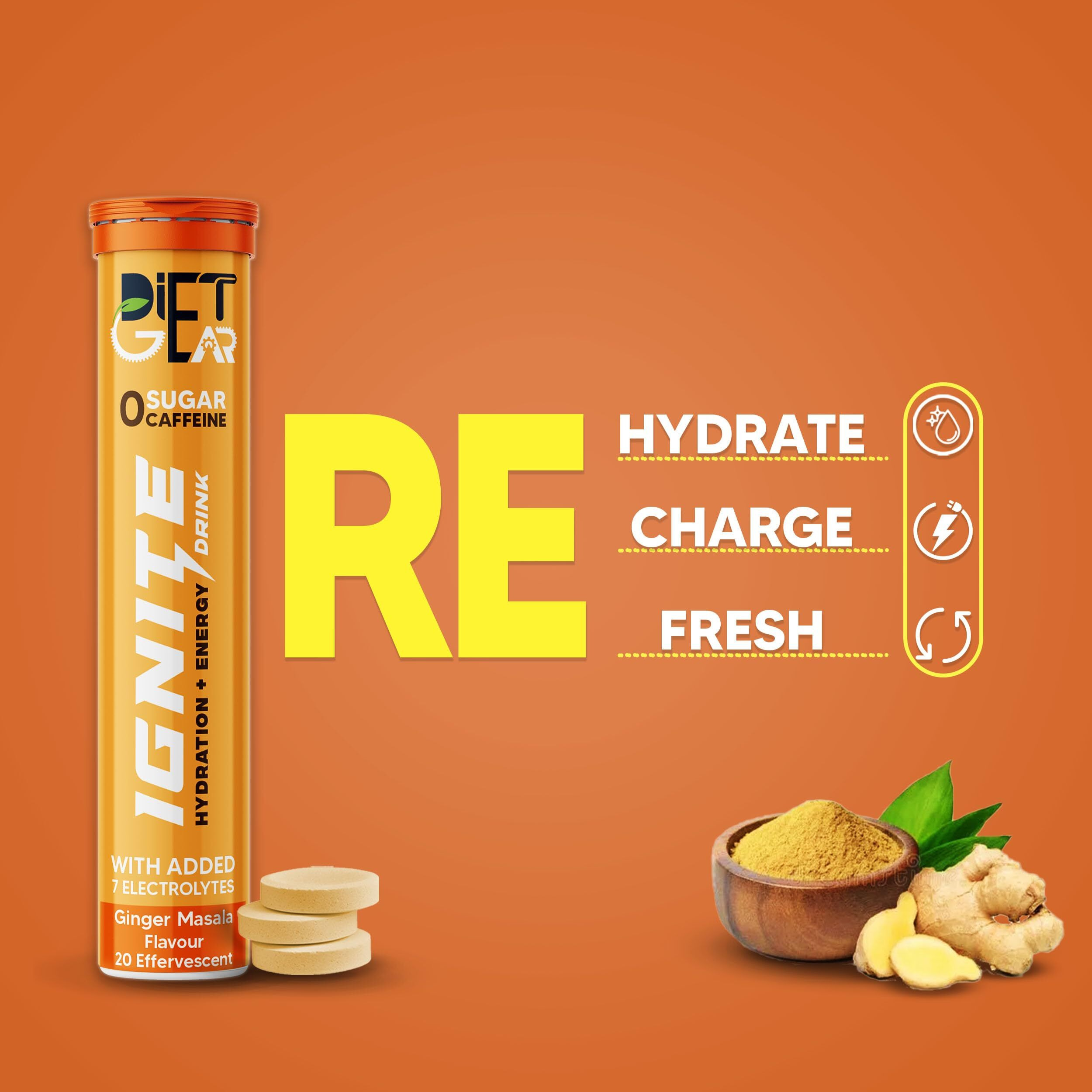 DIET GEAR Ignite Energy drink - 15 litre of Zero Sugar, Zero Caffeine hydration drink to Rehydrate | 60 Effervescent Tablets | Ginger masala flavour