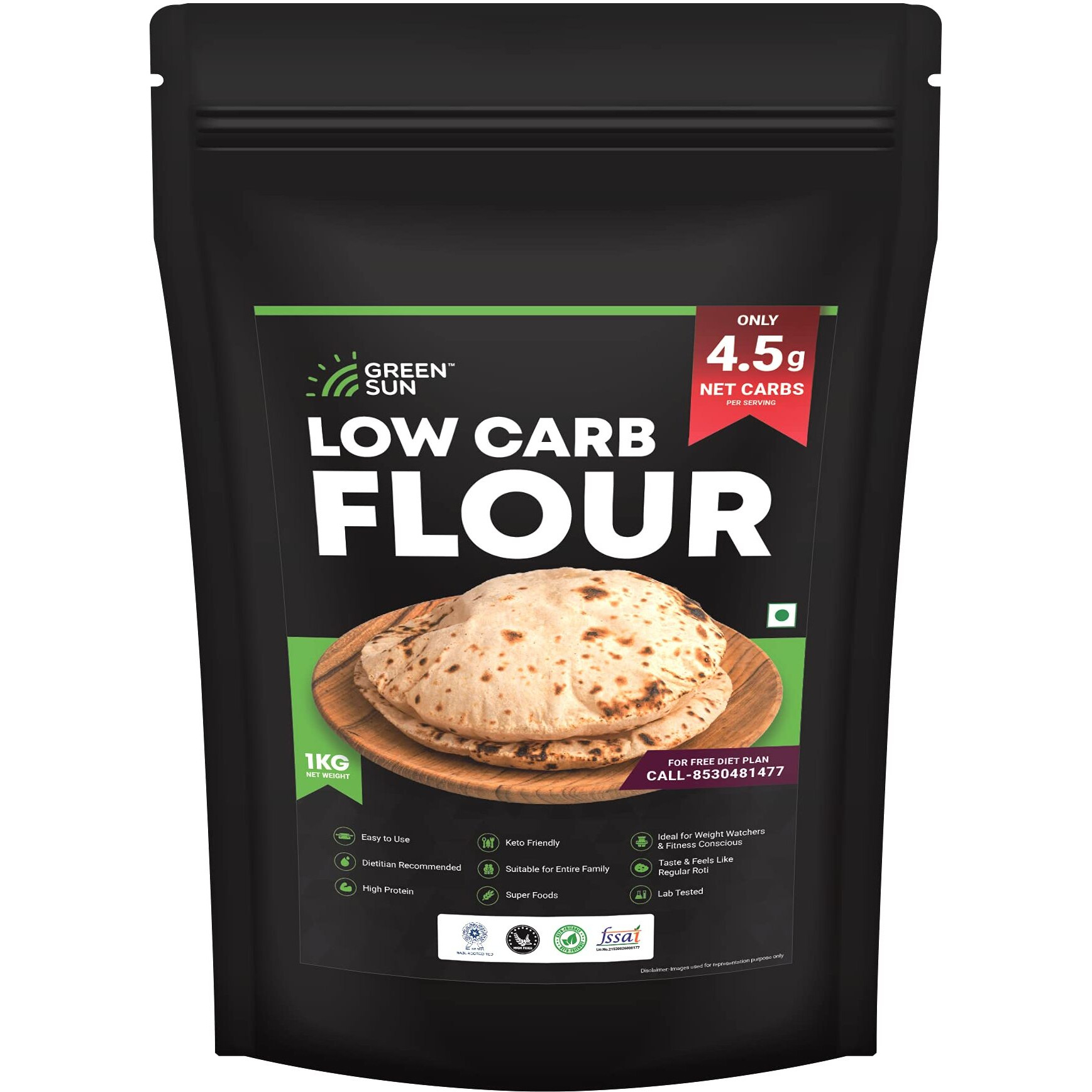 Green Sun Low Carb Flour | 1 Kg | Only 4.5 g Net Carbs Per Roti | Tasty & Easy to Make | Keto Friendly | Healthy Atta| High Fiber | High Protein | Super Foods | Dietitian Recommended |Family Atta
