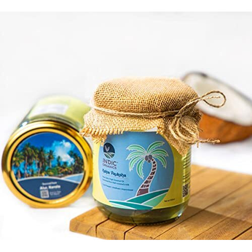 Indic Organics Raw Extra Virgin Coconut Oil Extracted From Kerala CoconutS Fresh Milk | Cold Centrifuge Process, Unrefined & Unprocessed |For Dietary, Hair & Skin Care And Oil Pulling , Glass Bottle