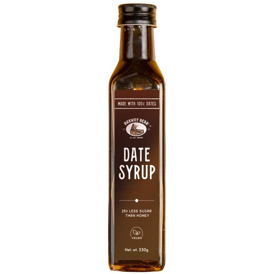 Brawny Bear Date Syrup Honey, Healthy Sugar Substitute, 100% Natural Arabian Date Syrup with No Added Sugar and Preservatives, Vegan, Natural Sweetener for Toppings, Baking, Cooking, Low GI - 330gm