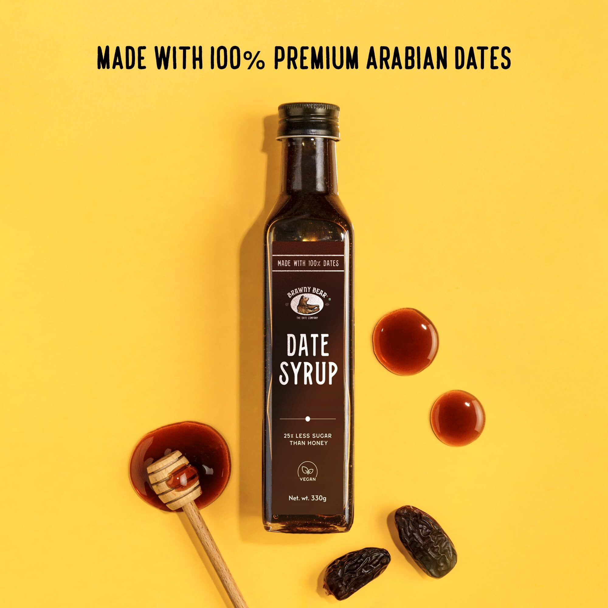 Brawny Bear Date Syrup Honey, Healthy Sugar Substitute, 100% Natural Arabian Date Syrup with No Added Sugar and Preservatives, Vegan, Natural Sweetener for Toppings, Baking, Cooking, Low GI - 330gm