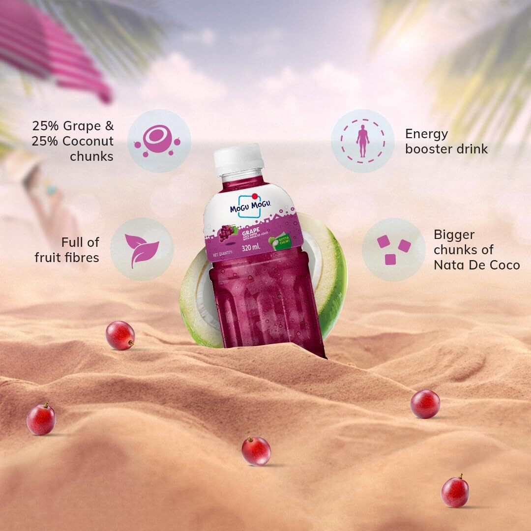 Mogu Mogu Grape Juice with 25% NATA De Coco | Energy Booster Drink | Full of Fruit Fibres | No Added Preservatives and Colours -320ml (Pack of 6)
