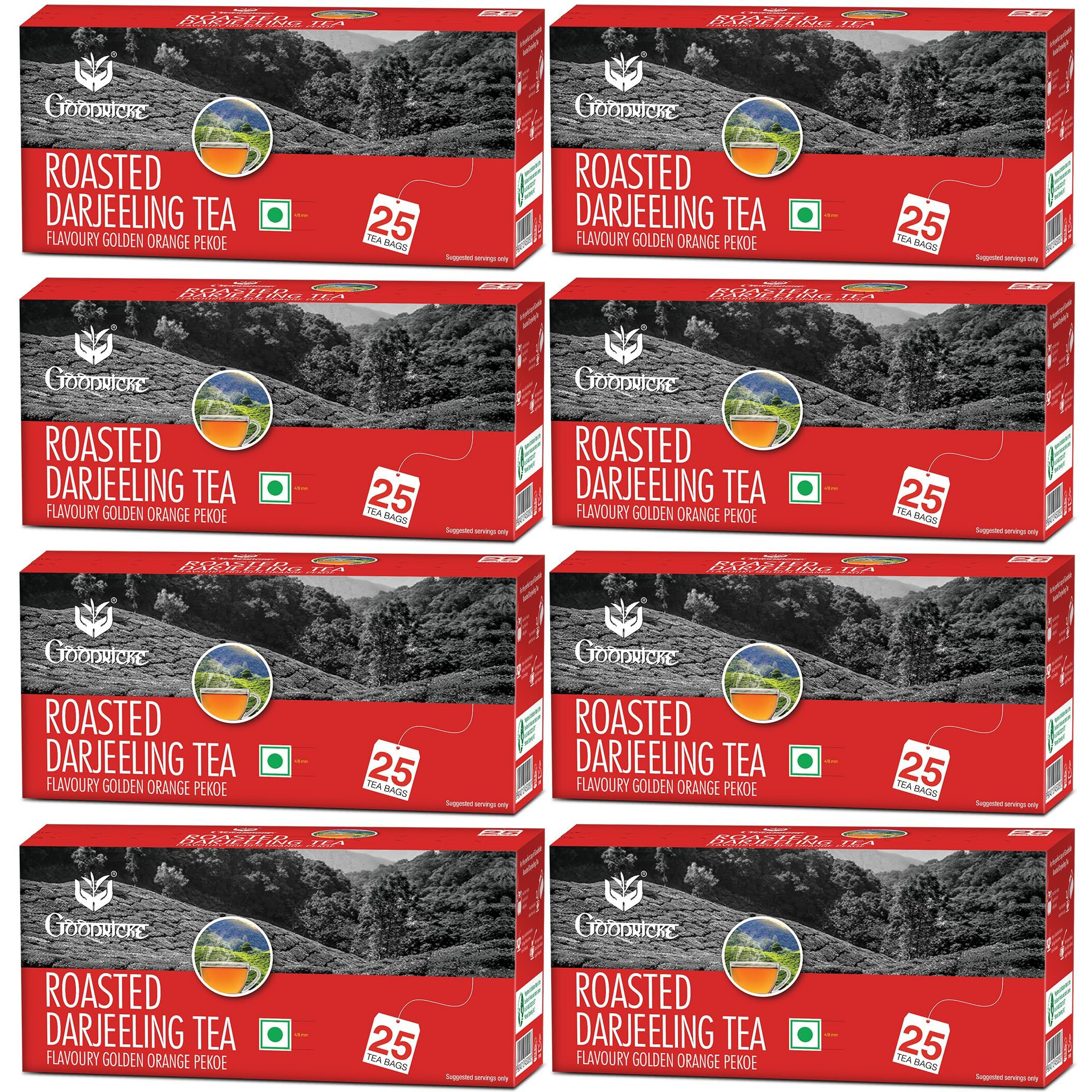 GOODRICKE Roasted Darjeeling Tea Bags - 25 Tea Bags, (Pack Of 8) | 100% Oraganic & Natural Long Leaf | Flavoury Golden Orange Pekoe | Black Tea, 360 Gram