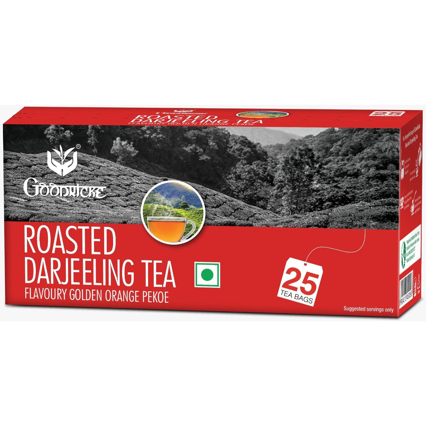 GOODRICKE Roasted Darjeeling Tea Bags - 25 Tea Bags, (Pack Of 8) | 100% Oraganic & Natural Long Leaf | Flavoury Golden Orange Pekoe | Black Tea, 360 Gram