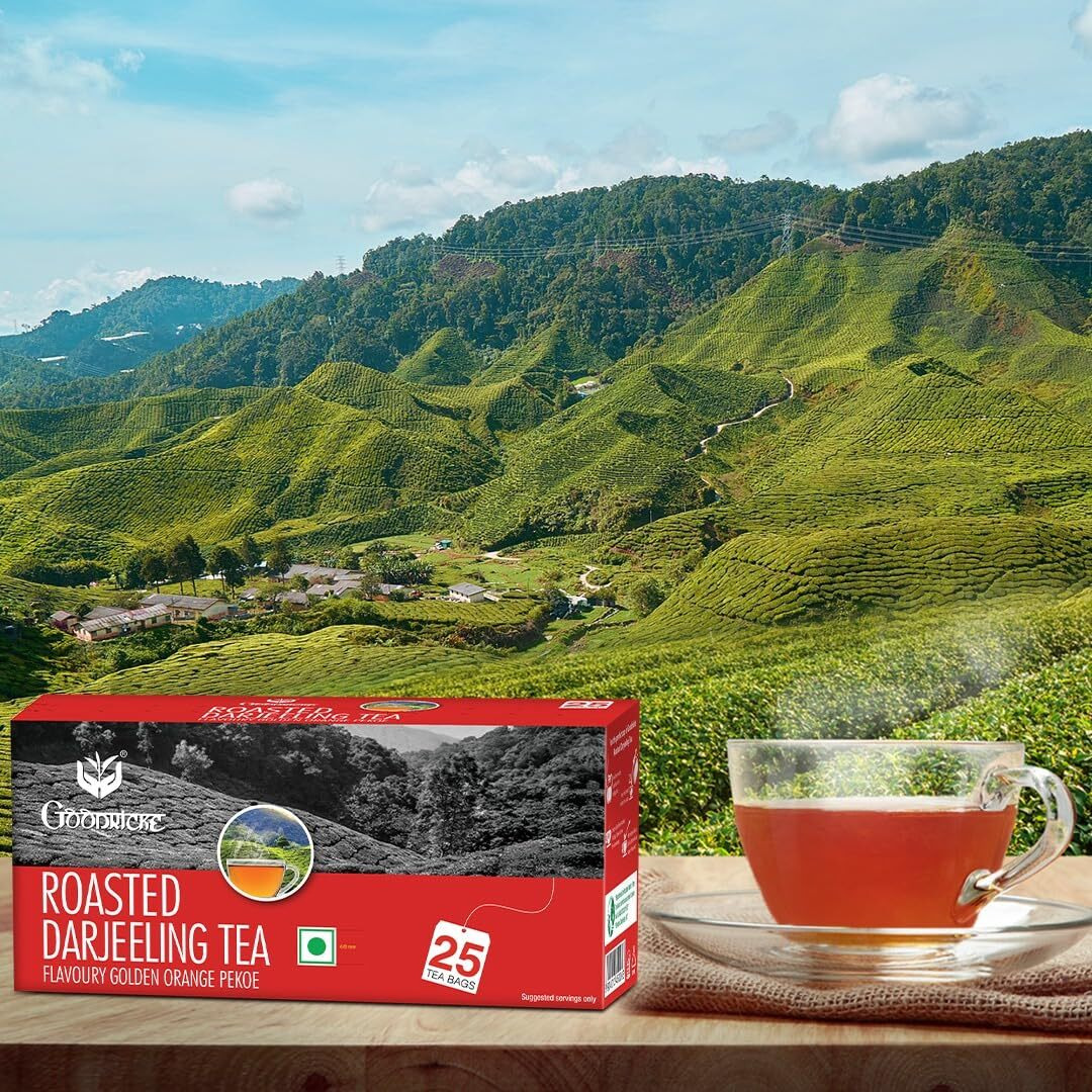 GOODRICKE Roasted Darjeeling Tea Bags - 25 Tea Bags, (Pack Of 8) | 100% Oraganic & Natural Long Leaf | Flavoury Golden Orange Pekoe | Black Tea, 360 Gram