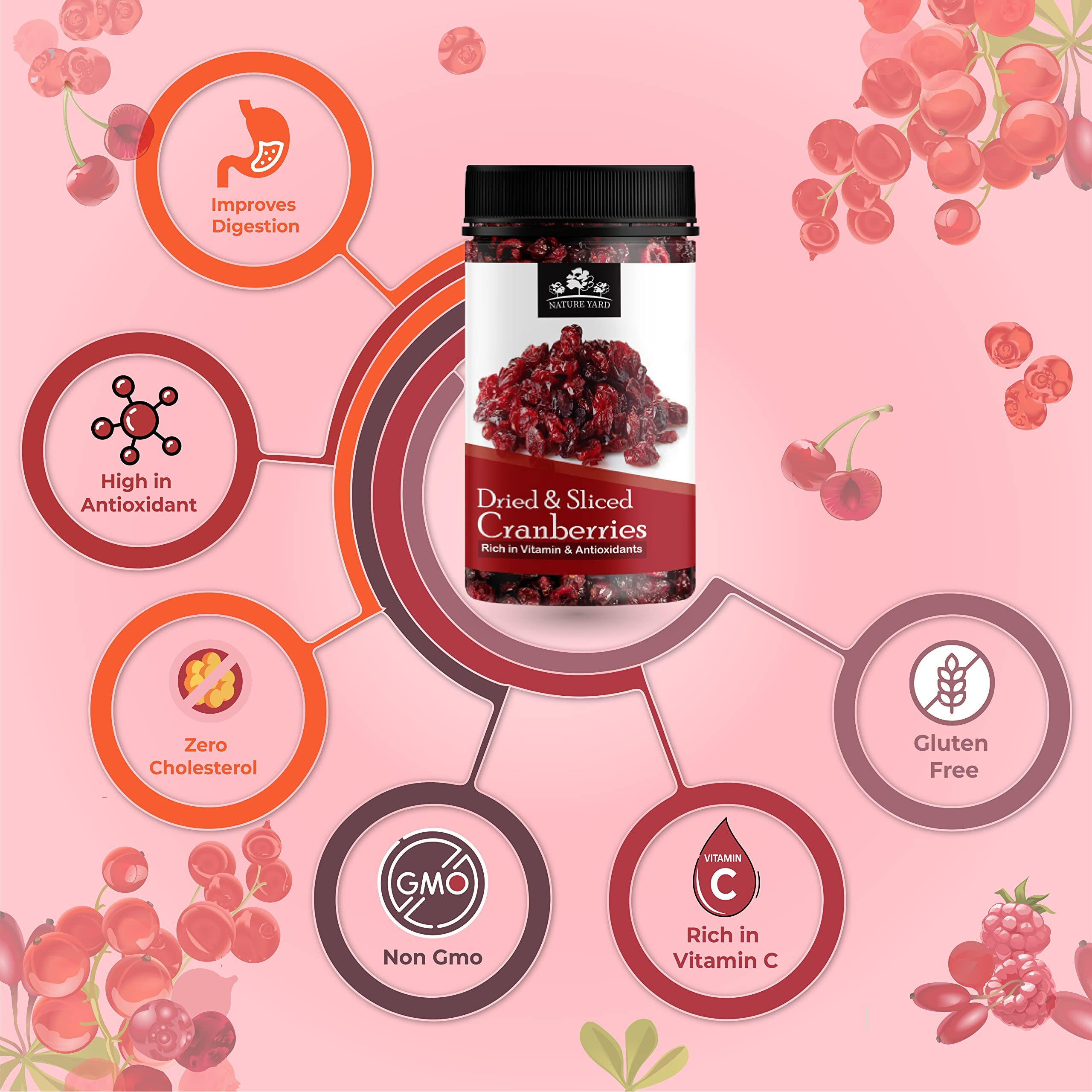 NATURE YARD Organic American Dried Cranberry dry fruit - 500 Gm - Naturally Dehydrated Real Sliced Cranberries - Tangy Healthy Snack