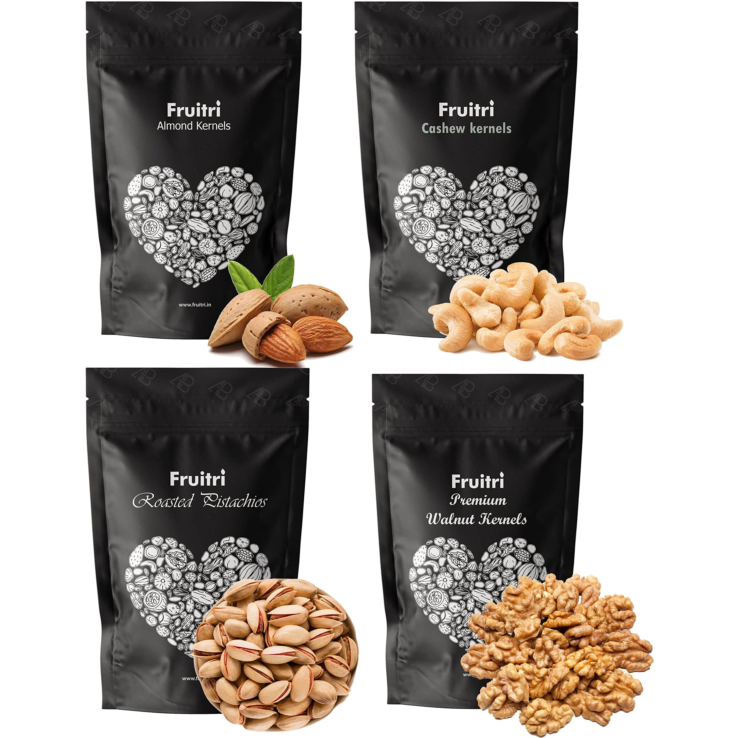 Fruitri Fresh and Premium Nuts, Dry Fruits Combo Pack, Almond, Cashew, Walnut, Pistachios (Combo2, 400g x 4)