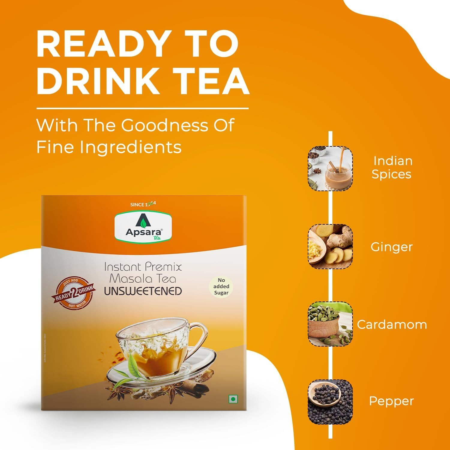 APSARA Instant Tea Premix Unsweetened Masala Tea 36 Sachets|Ready To Drink Tea With No Added Sugar|Enriched with Ginger, Cardamom, Pepper and Indain Spices, Sugar Free Masala Chai, 550 gram