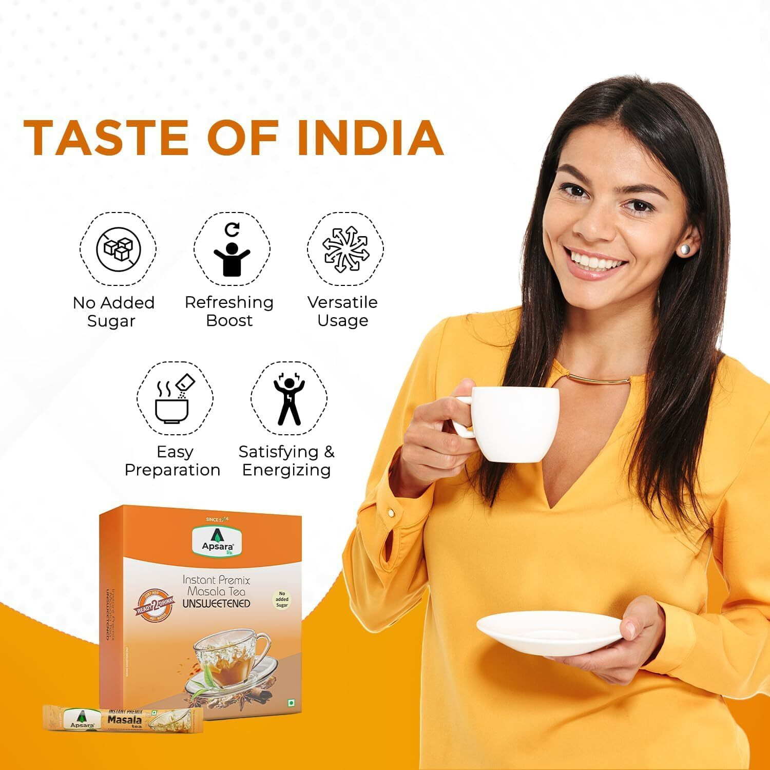APSARA Instant Tea Premix Unsweetened Masala Tea 36 Sachets|Ready To Drink Tea With No Added Sugar|Enriched with Ginger, Cardamom, Pepper and Indain Spices, Sugar Free Masala Chai, 550 gram