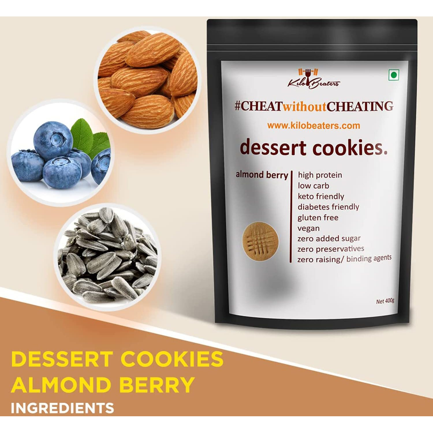 KILOBEATERS Keto Friendly Whole Almond Berry Dessert Cookies Biscuits Snacks For Diet, With Sugar Free, No Maida, Zero Sugar & Zero Preservatives, 400G - (Pack Of 1)